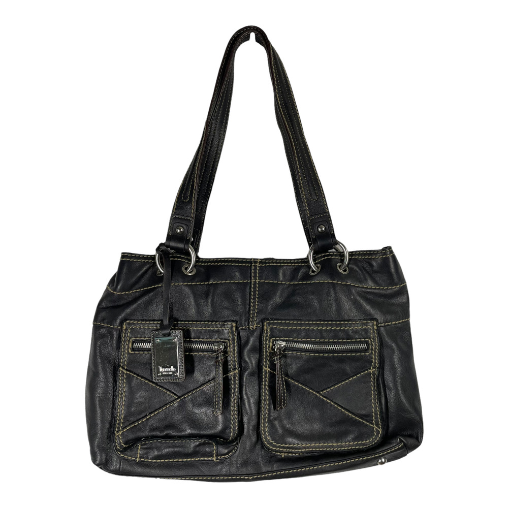 Tignanello Leather Shoulder Bag Black Purse Multicolor Stripe Classic Handbag